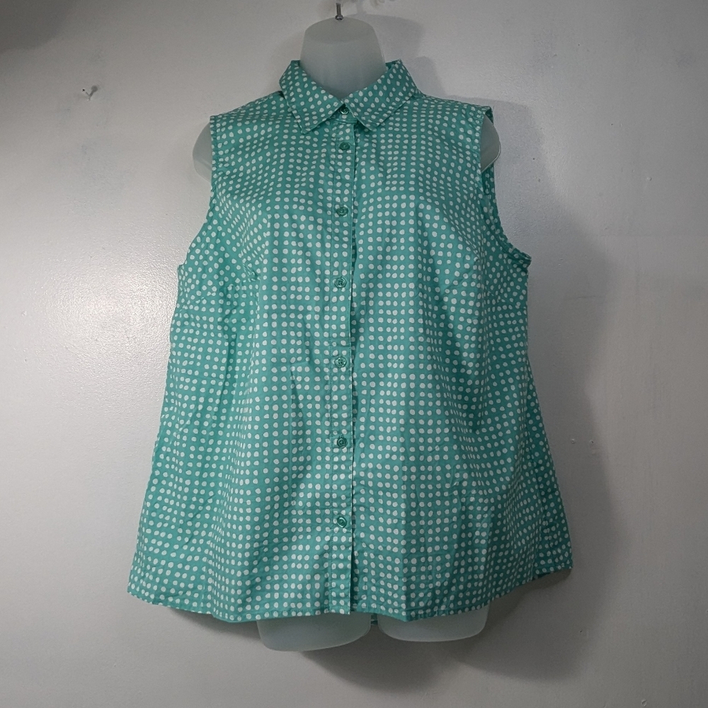 Jessica London Sleeveless Button Green Polka Dot Top Summer Beachy
